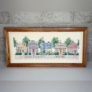 Vintage 1988 Framed Cross Stitch Victorian Beach Cottages Row 22x11